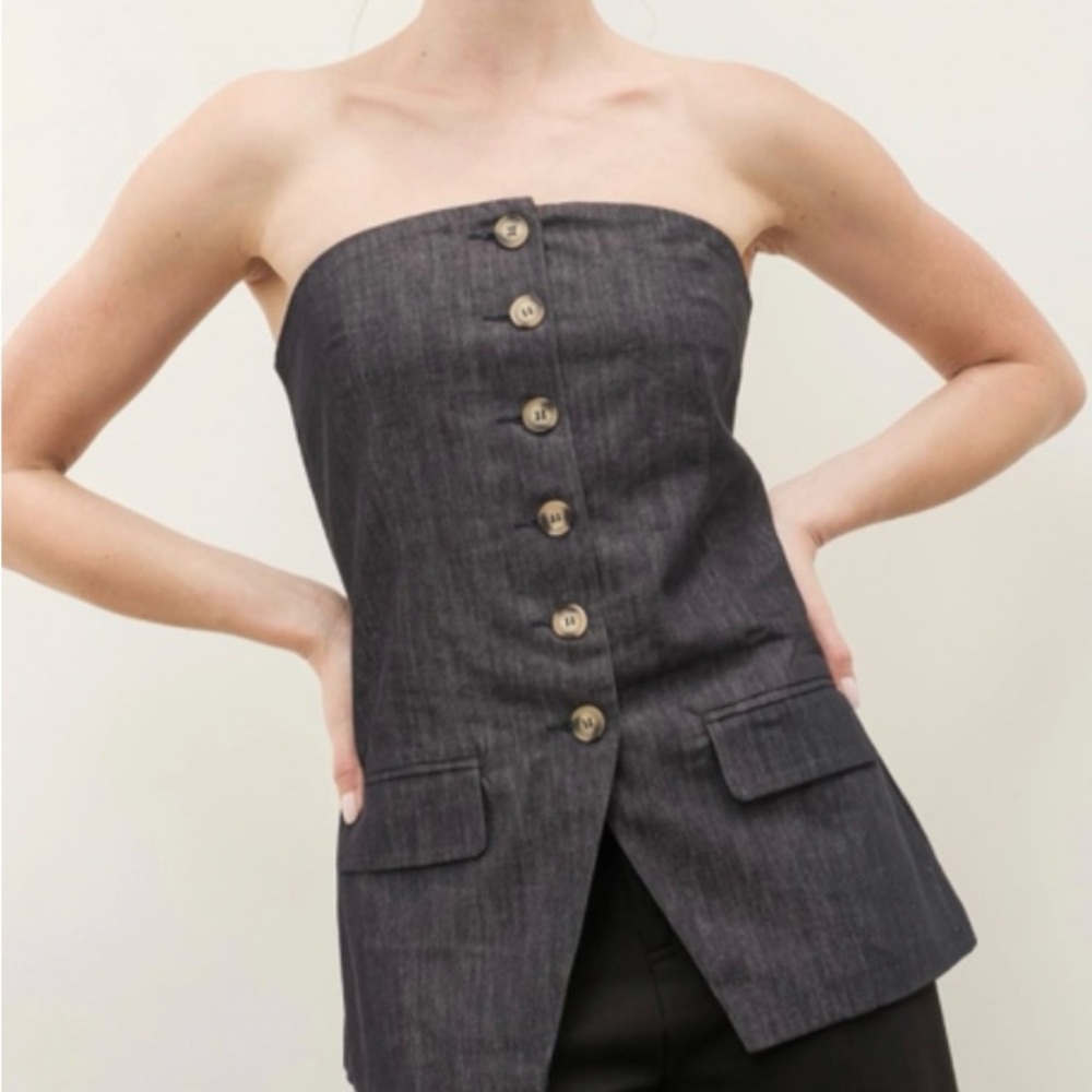 Strapless Button-Down Denim Top